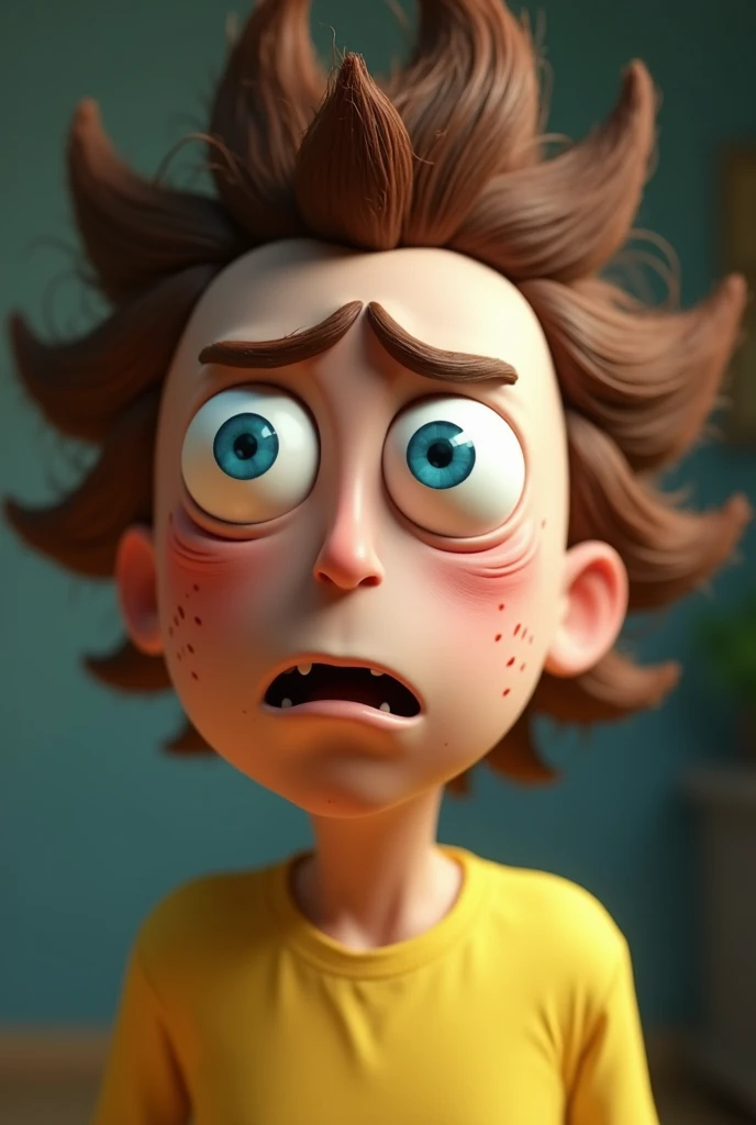 a detailed portrait of rick and Morty from Rick and Morty, extremely detailed facial features, beautiful striking blue eyes, cute freckles, messy brown hair, anxious expression, wearing a yellow shirt, realistic, cinematic lighting, Pixar style, highly detailed, 8k, masterpiece
