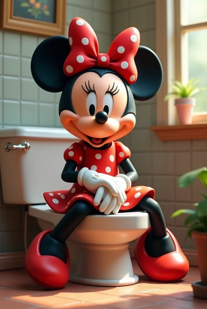 Minnie mouse sitting on the toilet peeing
