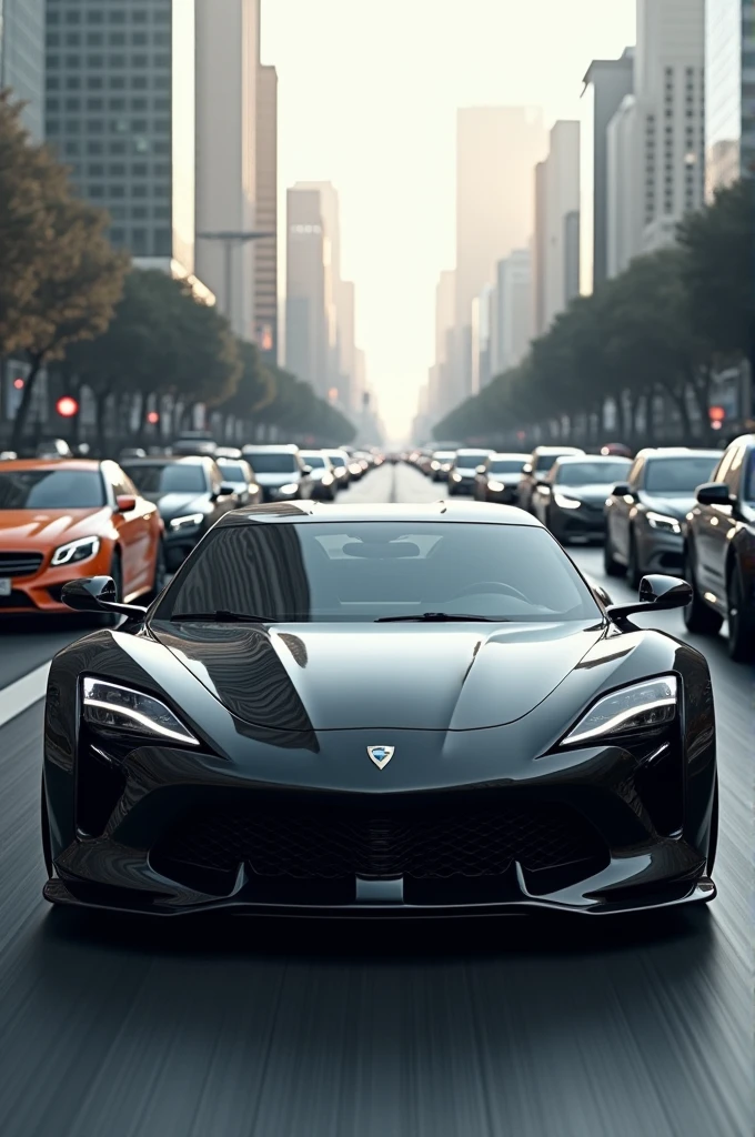 A car in black colour on a big road with other cars