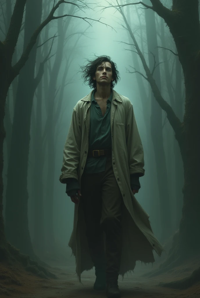Make me a picture that shows a person returning from a trip that made him become another person with a touch of terror