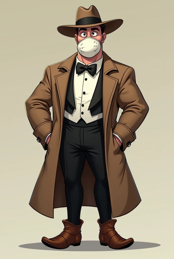 1950s cartoon man in tuxedo, a brown trench coat that reaches to the knees with black details, rustic boots, a cloth fedora hat and a plague doctor mask, the mask is white and looks intimidating, that he is a little muscular but not overly so From a cartoon from the 50s