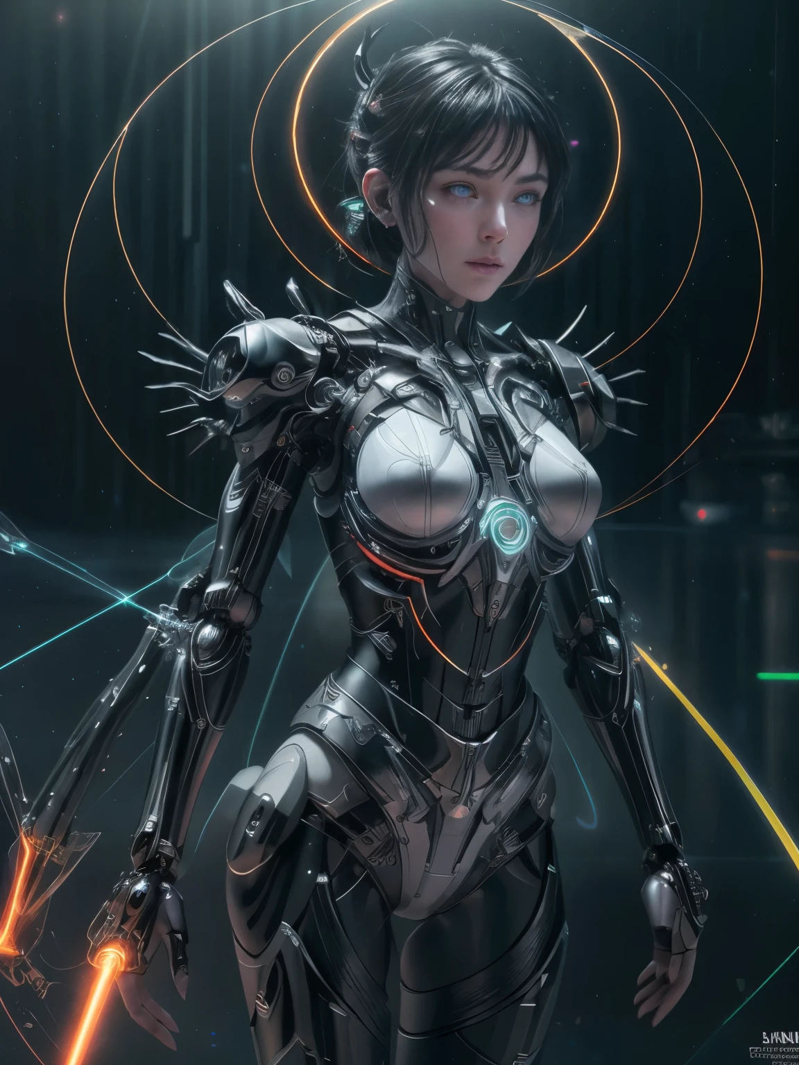 (from the front:1.5), (1 mechanical girl:1.5),Whole body, Alone, Thin waist, thick thighs, (machine made gaskets:1.2),(mechanical limbs:1.1),(Blood vessels connected to tubes.),(mechanical vertebra attached to the back),(mechanical cervical fixation to the neck), lights on the armor, mecha helmet, (Luminous Arms:1.5), (laser eyes:1.5), expressionless, huge chest,
showy,HdR, ray tracing, NVIDIA RTX, Super resolution, Unreal 5, subsurface dispersion, textured PBR, post processing, Anisotropic filtering, depth of field, maximum clarity and sharpness, rule of thirds, 16k raw, (Luminescent particles:1.4), Extremely detailed CG, unity wallpaper 8k, 3D, cinematic lighting, Lens flare, reflections, sharp focus, cyberpunk art, realist, highly detailed CG illustration, an extremely delicate and beautiful, cinematic light, (photorealist:1.5), (dark background:1.5),dynamic angle, masterpiece, Best Quality, ultra detailed, illustration, Detailed light, dramatic_shadow,face shadow,extra detailed,Better presentation,