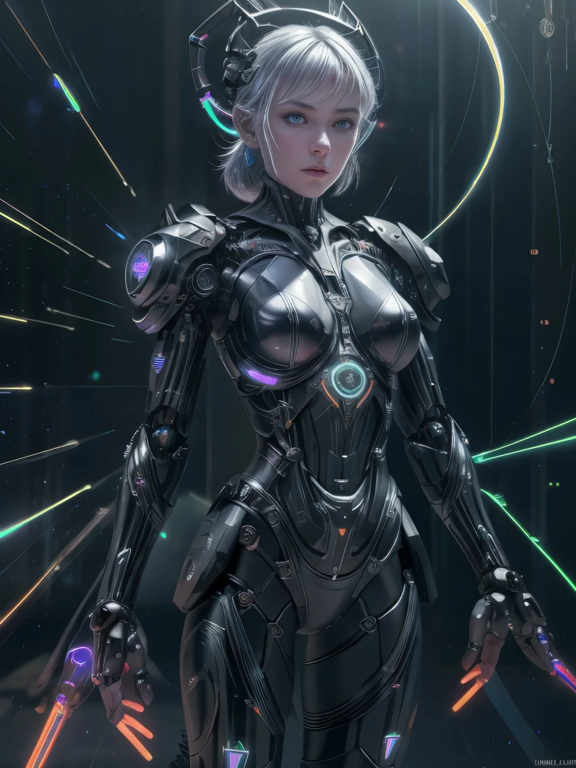 (from the front:1.5), (1 mechanical girl:1.5),Whole body, Alone, Thin waist, thick thighs,  (machine made gaskets:1.2),(mechanical limbs:1.1),(Blood vessels connected to tubes.),(mechanical vertebra attached to the back),(mechanical cervical fixation to the neck), lights on the armor, mecha helmet, (Luminous Arms:1.5), (laser eyes:1.5), expressionless, huge chest, 

showy,HdR, ray tracing, NVIDIA RTX, Super resolution, Unreal 5, subsurface dispersion, textured PBR, post processing, Anisotropic filtering, depth of field, maximum clarity and sharpness, rule of thirds, 16k raw, (Luminescent particles:1.4), Extremely detailed CG, unity wallpaper 8k, 3D, cinematic lighting, Lens flare, reflections, sharp focus, cyberpunk art,  realist, highly detailed CG illustration, an extremely delicate and beautiful, cinematic light, (photorealist:1.5), (dark background:1.5),dynamic angle, masterpiece, Best Quality, ultra detailed, illustration, Detailed light, dramatic_shadow,face shadow,extra detailed,Better presentation,
