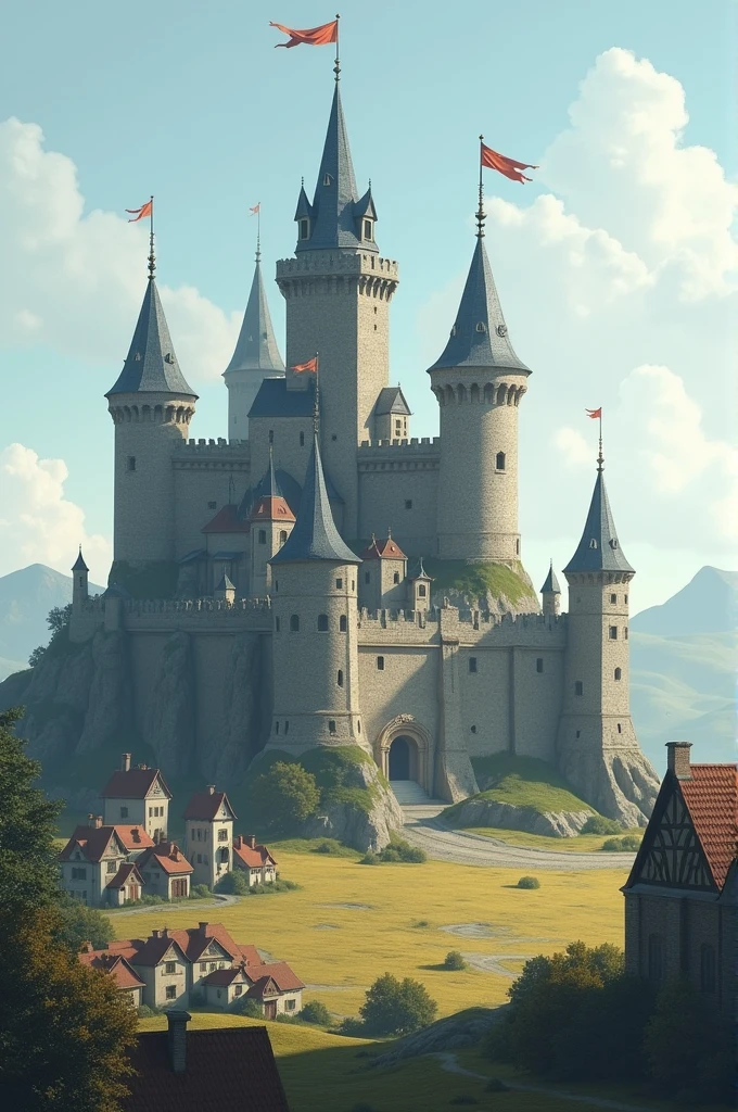 On a flat plain a sturdy grey medium castle, with four small towers, thick hills and battlements. In front of the castle a small village