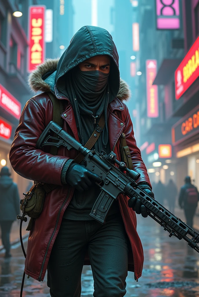 Cyberpunk traveling merchant adventurer with a cyberpunk bolt-action rifle