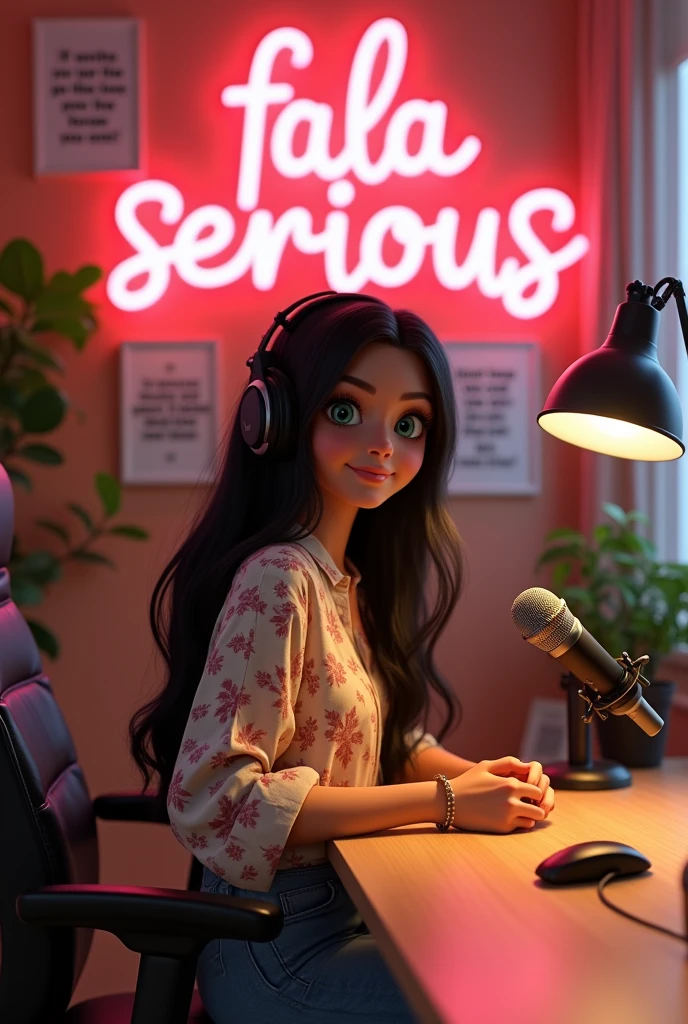 The background could have the name of the podcast "fala serious" in Portuguese in fun typography. Comfortable, modern furniture like a light wood table and black chair with lilac details add personality. Warm lighting with subtle LED lights creates a welcoming atmosphere. Plants, pictures with funny phrases, and high-quality microphones complement the look, reflecting the light and humorous tone of the program. Long black hair, dark skin, green eyes, colorful and modern style, with printed blouses and delicate accessories.