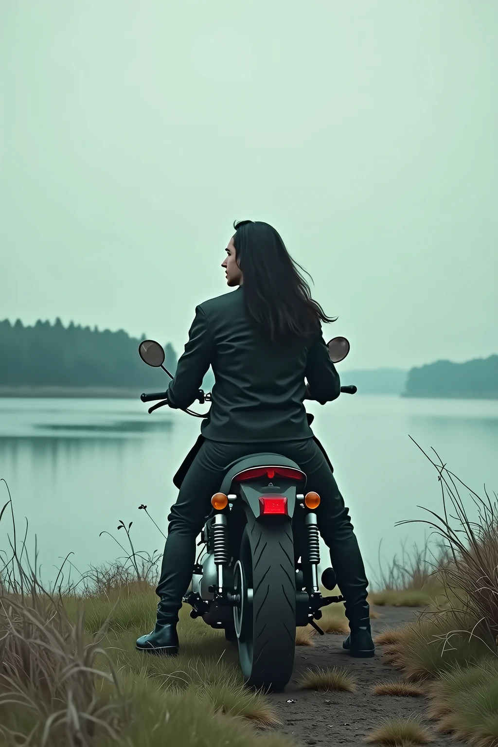 A long hair men sitting on a bike in front of a river a long distence click