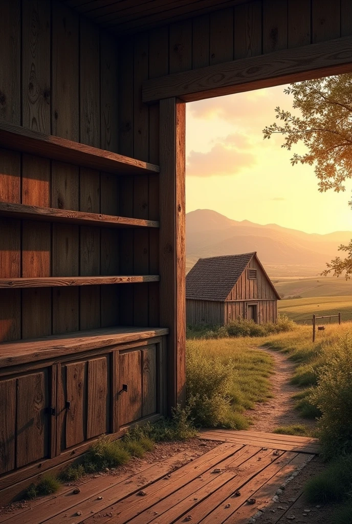 wooden shelves empty wooden farm at sunset