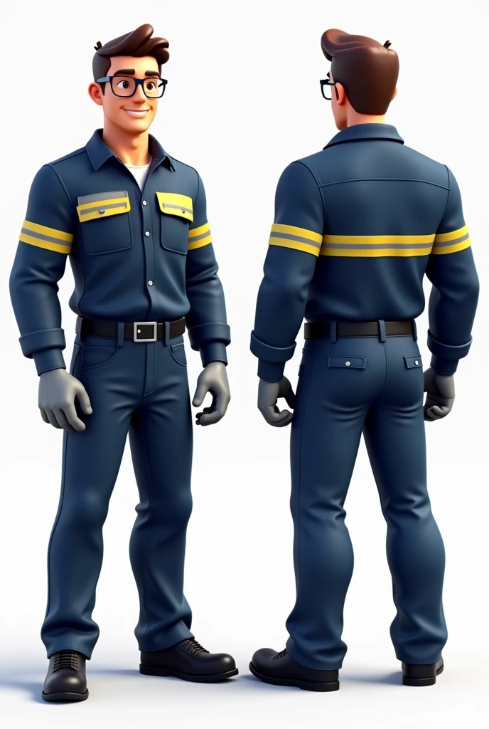 Man from front and back wearing dark blue work clothes with a single horizontal yellow reflective stripe on the front and back of the shirt and a yellow reflective stripe on the pants, that you have safety elements such as glasses, grey gloves and black shoes.
that the drawing is animated
