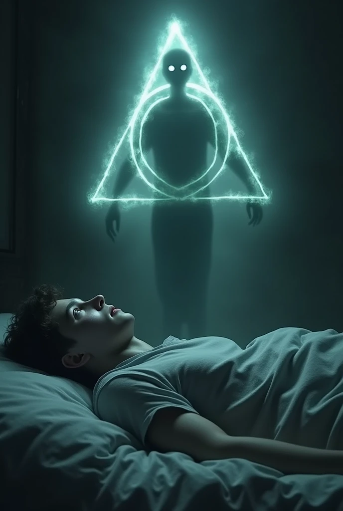 A young man lies rigid on his bed, eyes wide in terror as he experiences sleep paralysis. Above him hovers a ghostly, demon-like figure, inspired by the Deathly Hallows symbol from Harry Potter. The figure, with a triangular shape, a circle in the center, and a vertical line, is semi-transparent, with hollow eyes. The room is dimly lit, shadows creeping in, creating an eerie atmosphere that intensifies the sense of dread and helplessness.
