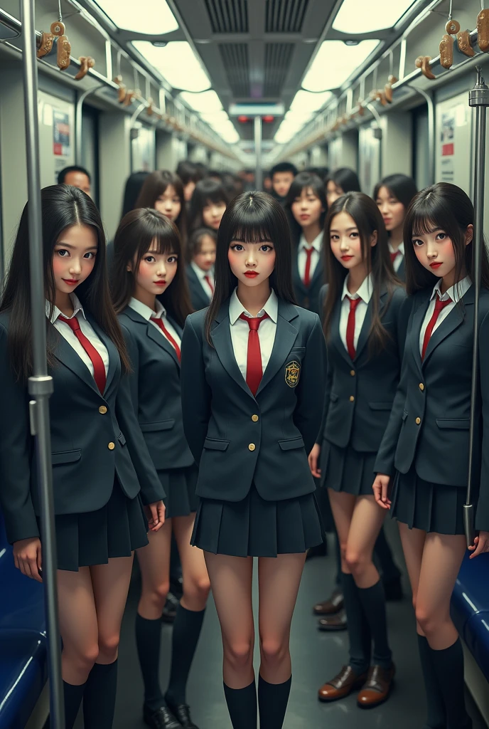 best quality, ultra high resolution, perfect anatomy, 3girls, multiple girls, school girl, sitting in a subway train, spread legs, white panties,, front view, best shadows, volumetric lighting