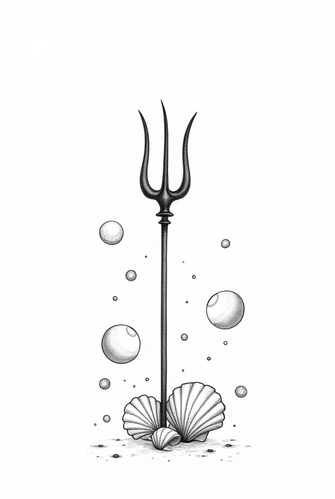 make a trident with bubbles and seashells around it like a drawing and making it very simple and dainty with no backround just black and white and very simple like someoune drew it make the background white and the trident black. don’t fill it in just outlines. and make the seashells around the trident not on the ground