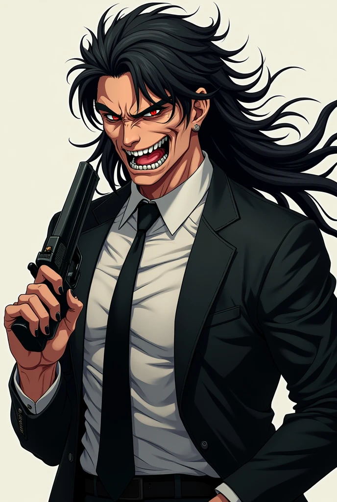 Portrait of an anime man with muscular body having psycho red wild eyes, psycho face, wearing black suit with tie, having gun in hand ,very long black hair