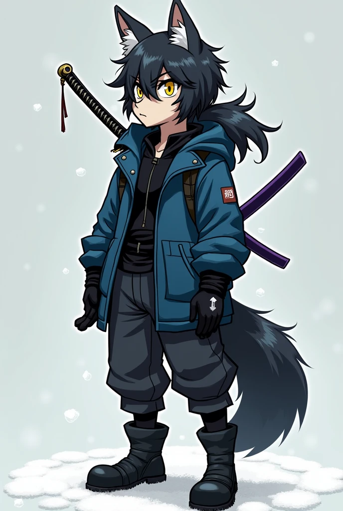 An IDW Sonic style wolf, Short Long Black Hair, hair a little to the left of the eye and with a slightly large ponytail, with big yellow eyes, with black cold weather blouse with dark blue shirt, black pants and black men's boots, with black gloves, and with a purple Katana on his back.