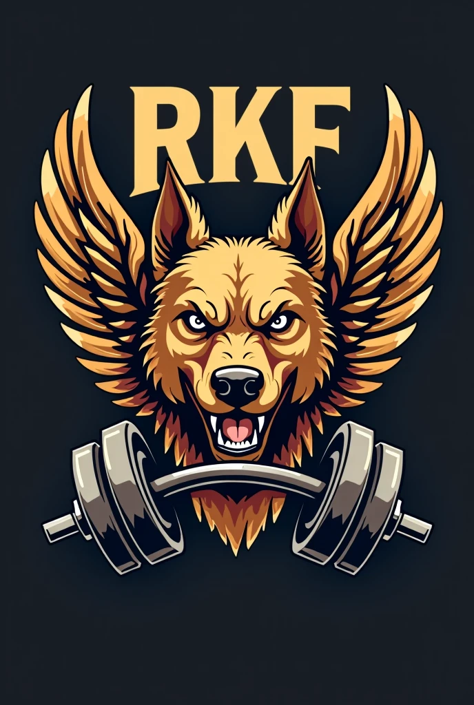 coat of arms of a gym whose mascot is a caramel-colored mongrel dog with pricked ears and a very angry face, On the coat of arms of gym weights, the dog only has its face right in the middle, with not so big wings coming out from behind him aligned with his eyes and two weights at the bottom of the coat of arms. written at the top of the coat of arms "RKF"