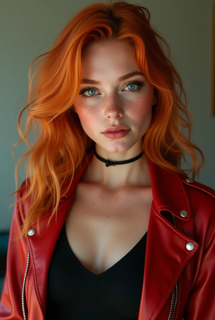 -year-olmale nager, tall and with big breasts, white skin with freckles, orange-red hair and blue-green eyes. Wearing a black blouse under a red leather jacket