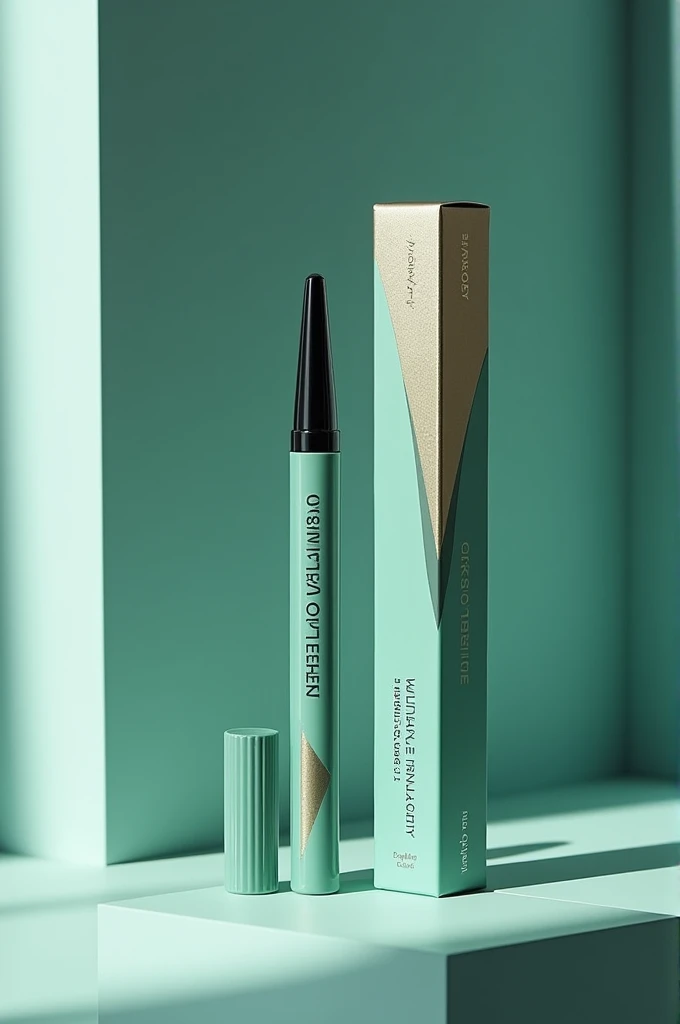 create black makeup eyeliner, for a brand called Walancy, with aqua green and gold packaging