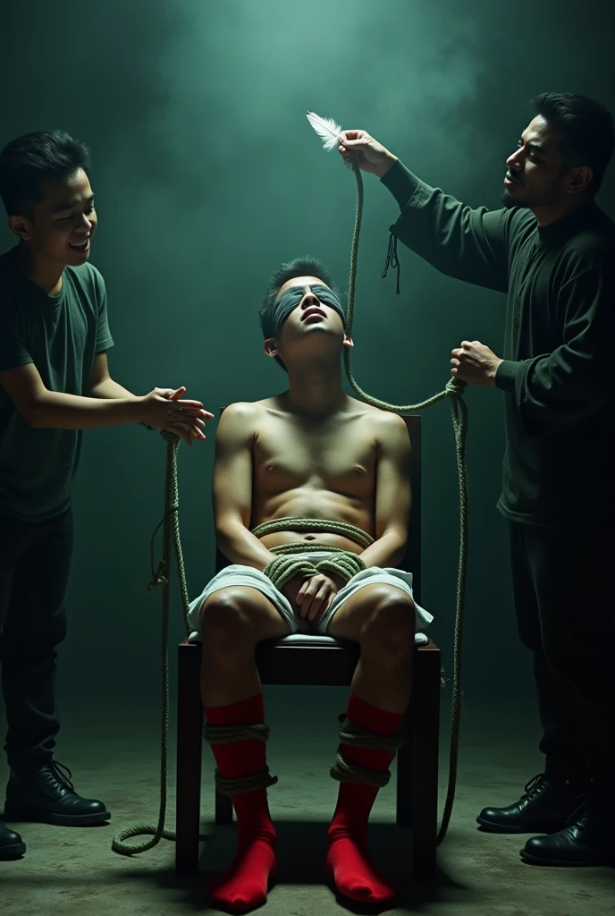There is a the most handsome student from Malaysia named Haqiem hands,legs with red socks tied with ropes to the chair and eyes covered with cloth
The dnaper hold a feather then ASK his assistant remove Haqiems shoes
Haqiem laughed uncontrollably because his bare feet were tickled using feather duster