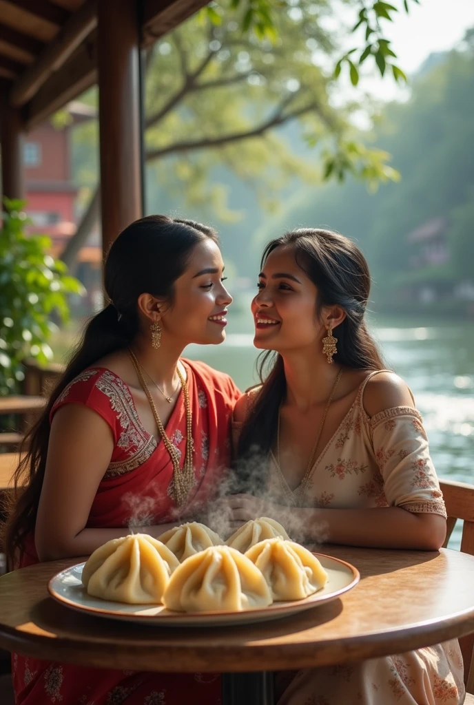 Will please create a photo of beautiful Nepali heroines sitting in beautiful riverside village cafe and eating tapari momo