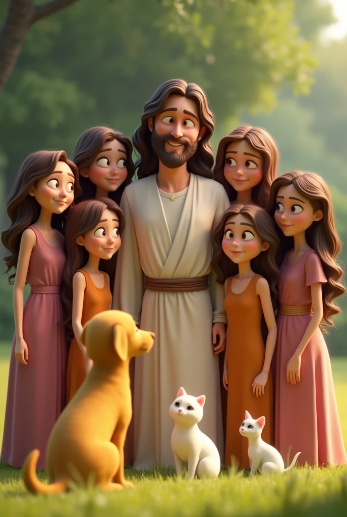 tender image of Jesus with six adult daughters, a yellow dog and a white cat, Pixar 3D type image