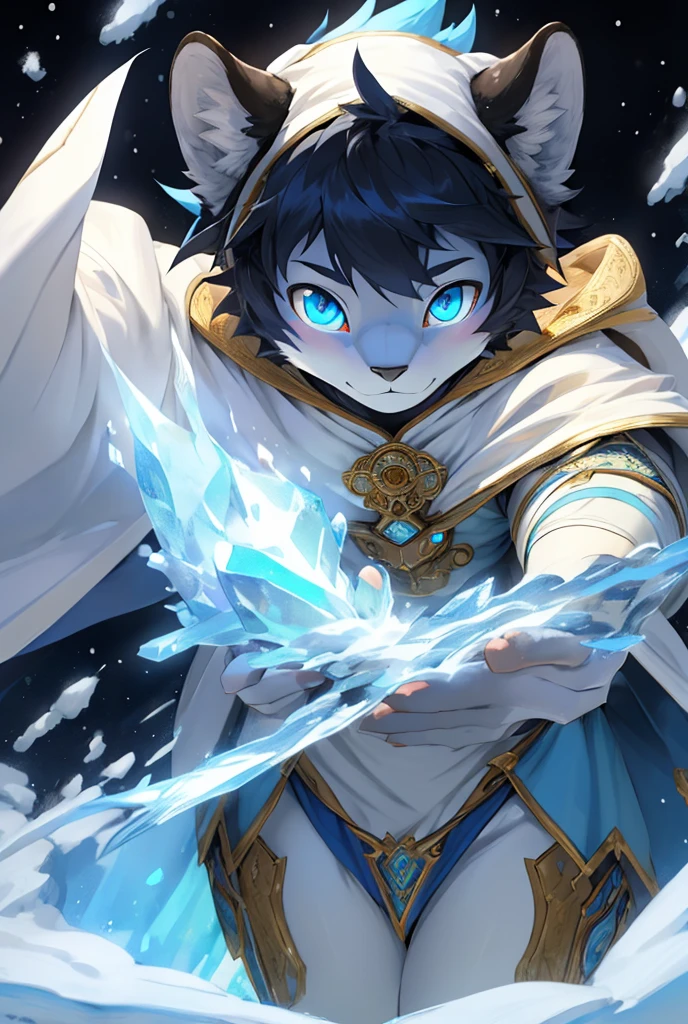 personal, High resolution, Full body image with high detail, high quality, Ultra HD, subjective perspective, snow leopard, boy body shape, Dark black blue very short hair, Ice blue mixed with gold eyes, light blue white fur, White Mage Short Cloak, Dark blue tight lining, Background of the Brave Novice Village
