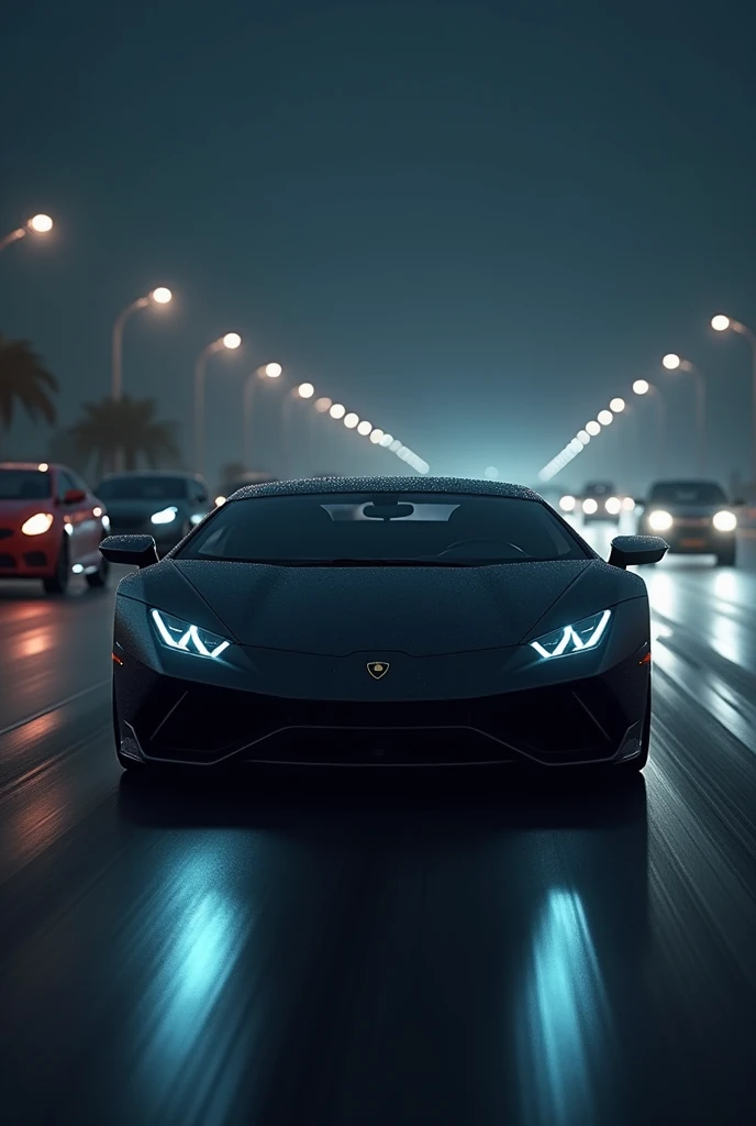 A car in black colour on a big road with other cars in dark night