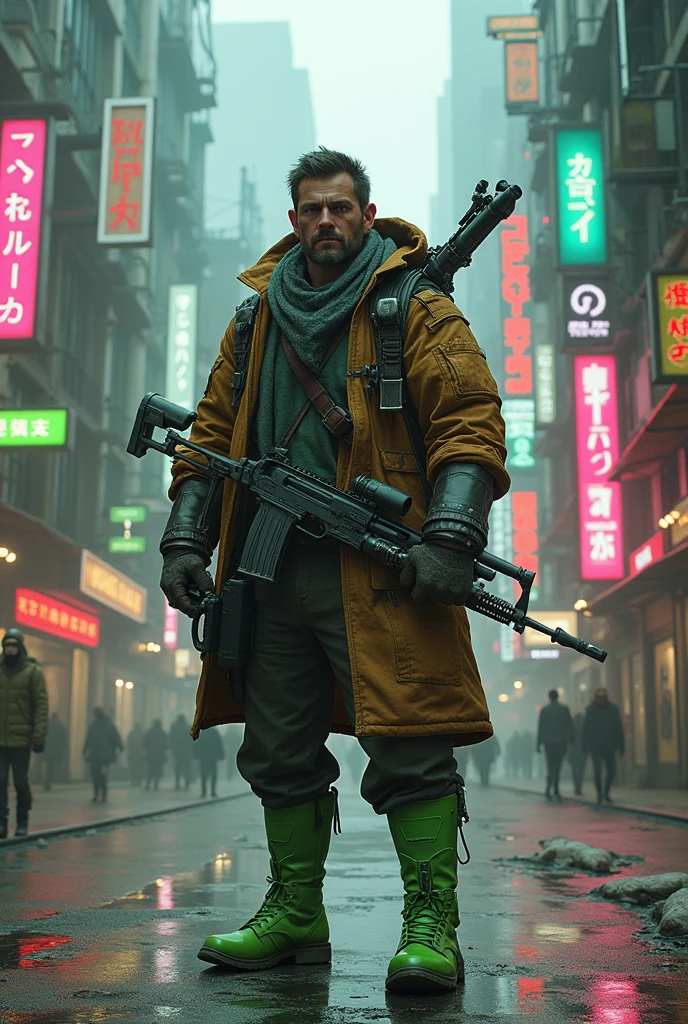 Adventurous traveling merchant in cyberpunk green boots with a cyberpunk bolt-action rifle

