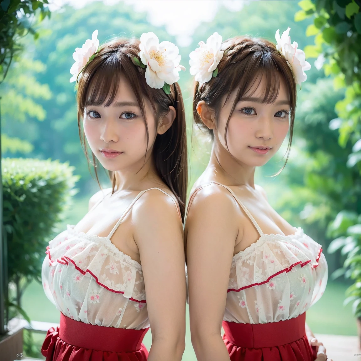 Identical twin sisters exhibition, Medium Shot, Written boundary depth, bust, Upper Body, Movie angle, masterpiece, Highest quality, Very detailed, CG, 8k wallpaper, Beautiful Face, Delicate eyes, Otome, alone, smile, bangs, skirt, shirt, have, Crimson Dress, bow, petal, bouquet