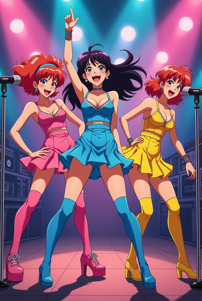 {
  "prompt": "A vibrant and energetic girl idol group from the 1980s, depicted in anime style. The group consists of four members, each with distinct and colorful outfits featuring bright neon colors, leg warmers, and big hairstyles typical of the '80s. The scene captures them performing on a stage with retro microphones, with colorful spotlights and a lively audience. The background showcases an '80s-style music concert ambiance with neon lights, cassette tapes, and vintage musical instruments. The characters have expressive faces and exaggerated, dynamic poses, reflecting the excitement and energy of the era. The overall style should blend the classic anime look with the iconic '80s fashion and aesthetics.",
  "size": "1024x1024"
}
