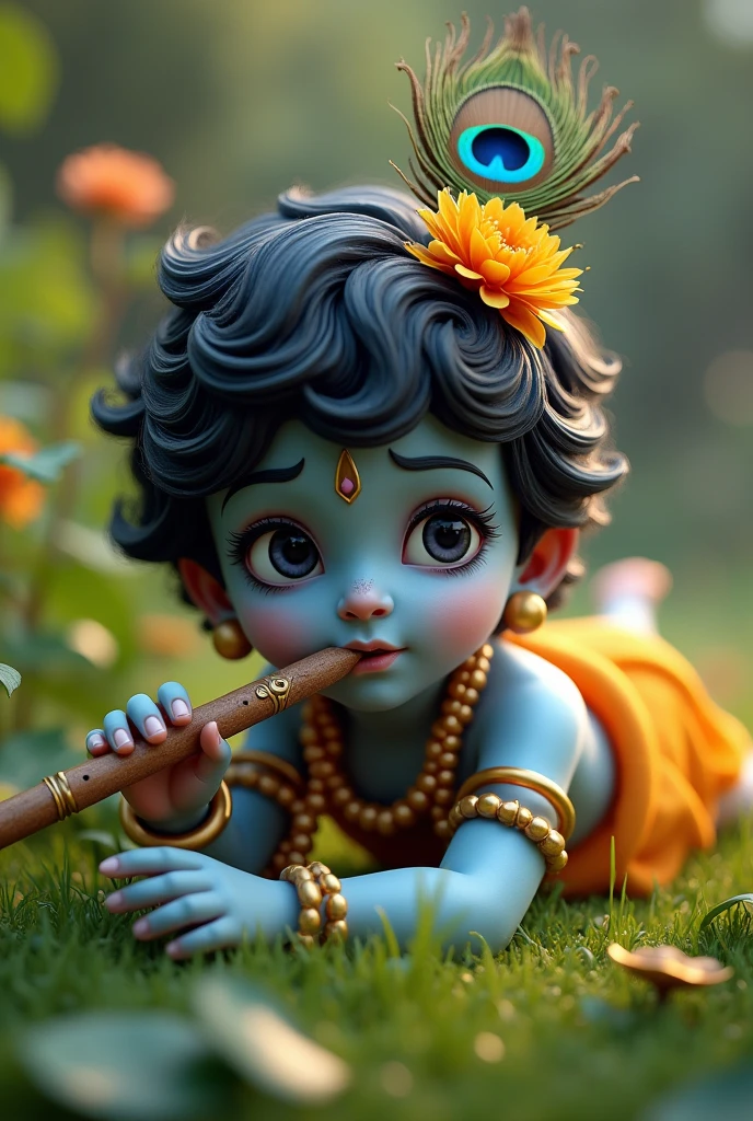 (photorealism:1.2), beautiful realistic image of lord krishna ,subtle blue face, realistic peacock feather in his hair,soft lighting, plants in background, realistic, intricate details, warm color, young lord krishna, mischievous smile, flute, crawling on the grass