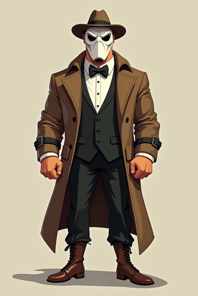 1950s cartoon man in tuxedo, a brown trench coat that reaches to the knees with black details, rustic boots, a cloth fedora hat and a plague doctor mask, the mask is white and looks intimidating, that he is a little muscular but not overly so From a cartoon from the 50s