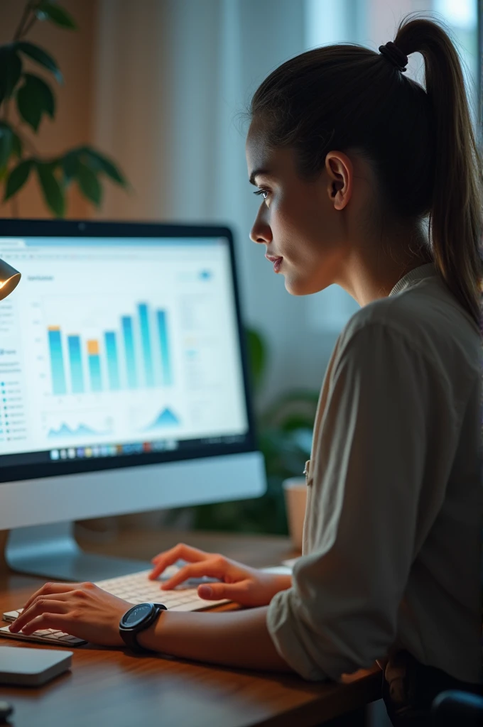 a woman working on her computer ,growth chart on computer,photo realist, focus on the hand with the computer