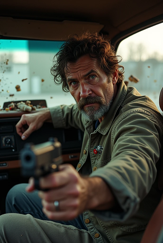 Ugly man with curly hair a gun and a car