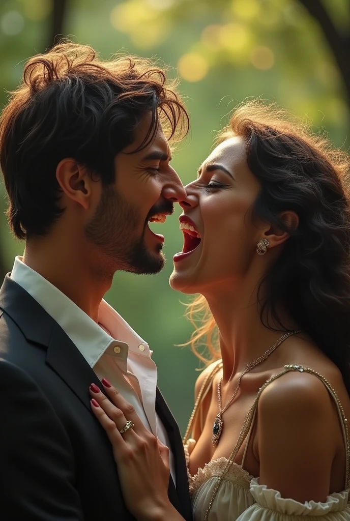 create an image of a couple fighting. twilight style, the man is calm and relaxed, the embodiment of rebirth; while the woman is screaming angrily, the embodiment of the baroque. The image must be ultra realistic 8K The image must be distant, show the two of them in a park or forest. Show the contrast between the difference of baroque × renaissance