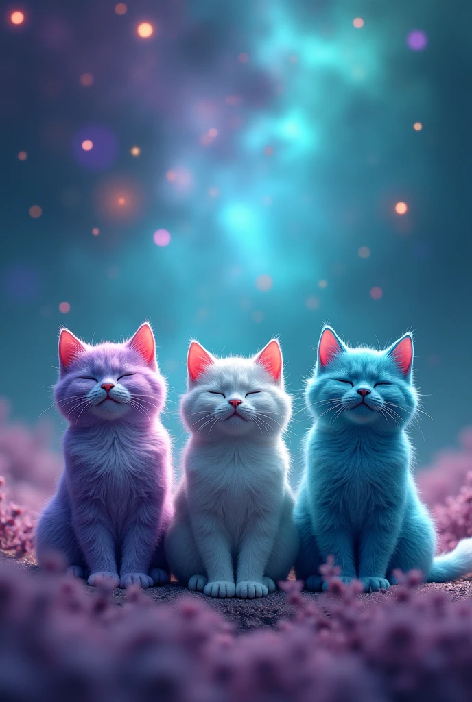 Create three cute cats, cute, hiper realisitic, realisitic, 真实感, They are meditating, they are purple, turquoise and blue, Are they happy, and the background is the turquoise and purple galaxy