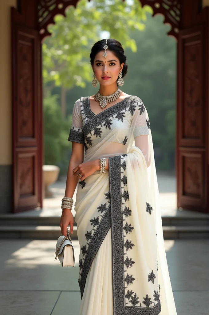 Real gate chhoti si white color ki black color ki Sadi bridal jewellery se Bhari Hui hath mein white color ka bag leve background mol ka pura makeup kara hua