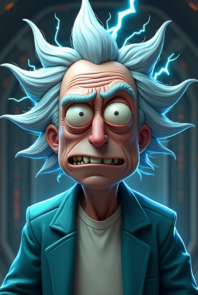 a detailed portrait of Rick Sanchez from Rick and Morty, hyperrealistic, photorealistic, highly detailed, 8k, masterpiece, intricate details, lifelike features, expressive eyes, realistic skin texture, detailed wrinkles, messy gray hair, blue lab coat, white shirt, vibrant colors, dramatic lighting, electrick shock from hairs,cinematic composition, detailed background, futuristic setting