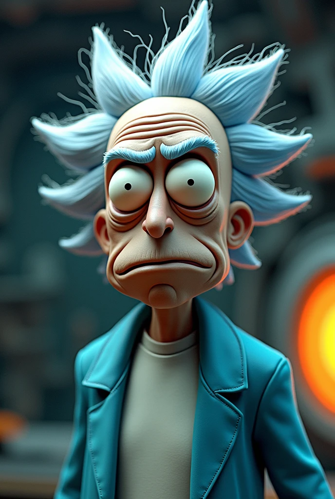 a detailed portrait of Rick Sanchez from Rick and Morty, hyperrealistic, photorealistic, highly detailed, 8k, masterpiece, intricate details, lifelike features, expressive eyes, realistic skin texture, detailed wrinkles, messy gray hair, blue lab coat, white shirt, vibrant colors, dramatic lighting, electrick shock from hairs,cinematic composition, detailed background, futuristic setting