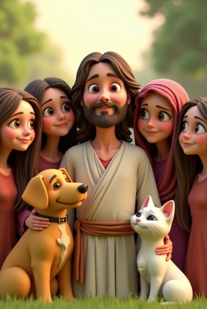 tender image of Jesus with six adult daughters, a yellow dog and a white cat, Pixar 3D type image
