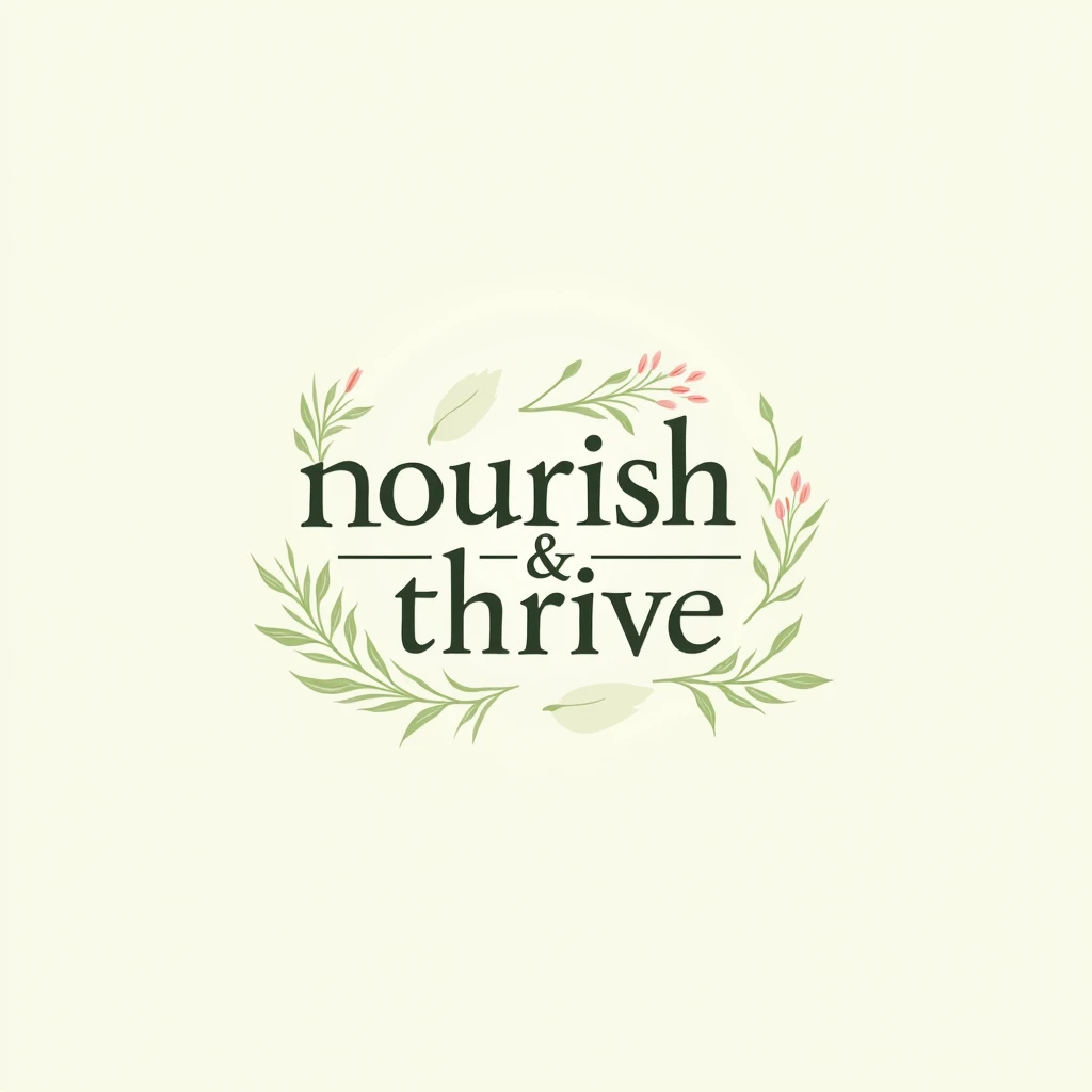 Create a elegant image featuring the name 'Nourish & Thrive' readable and centered. Use a soft and feminine color palette, such as pastel greens and light pinks, evoking a sense of health and well-being. The typography should appealing to a female audience. The background should be light and simple, allowing the name and symbols to stand out harmoniously.