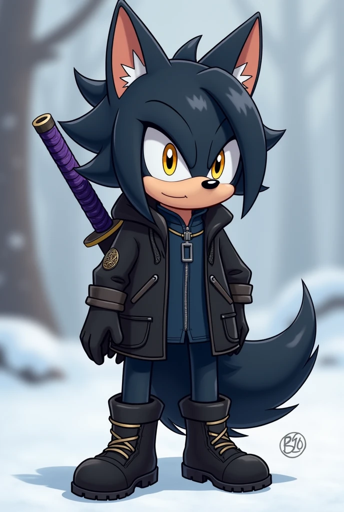 A Sonic-style wolf, Short Long Black Hair, hair a little to the left of the eye and with a slightly large ponytail, with big yellow eyes, with black cold weather blouse with dark blue shirt, black pants and black men&#39;s boots, with black gloves, and with a purple Katana on his back.