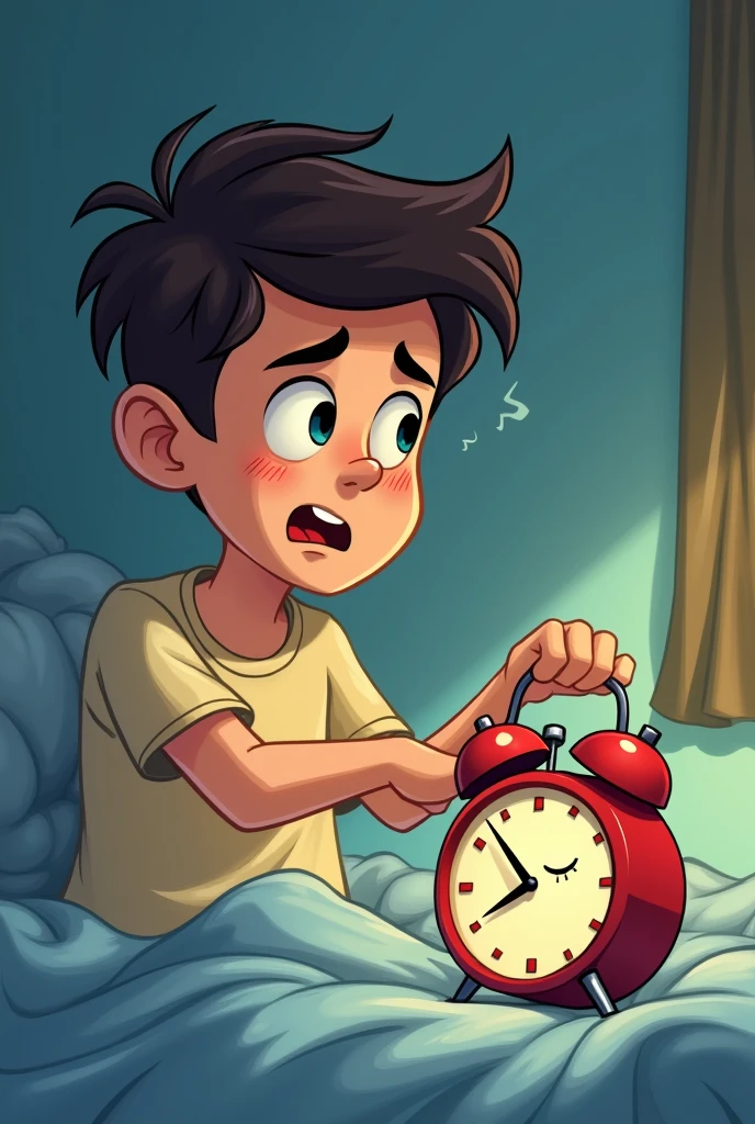 A young man out of his bed and trying to turn off his sleepy-faced, fleeing alarm clock