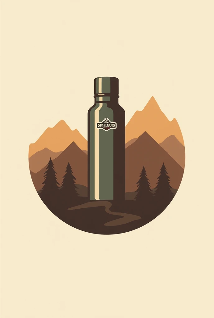 generate a logo, which contains a thermos (To make the thermos, use Stanley brand thermoses.) and mountains. It should be with a range of brown colors, and uses a very mountainous style, outdoors and good vibes. Make it more logo style, not so much as an image