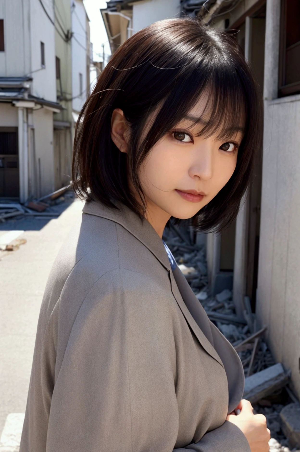 Evacuating from the earthquake, A middle-aged Japanese woman, Light in the eyes、tall, Bob Hair, hair is black, The face is cute