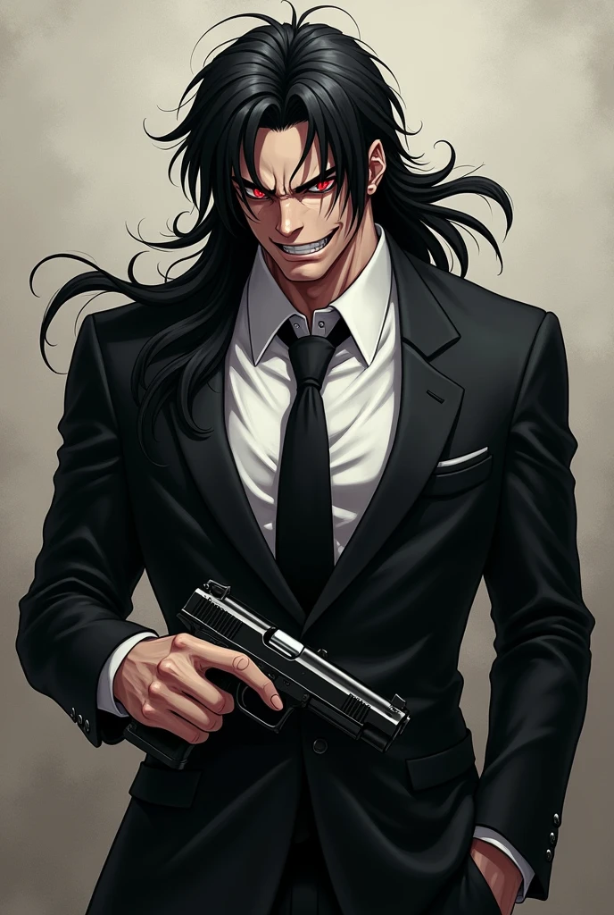 Portrait of an anime man with muscular body having psycho red wild eyes, psycho face, wearing black suit with tie, having gun in hand ,very long black hair, deatheye