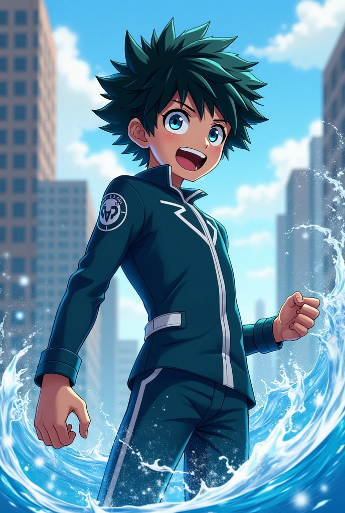 Anime boy in the style of My hero academia, who has black hair, blue colored eyes, My Hero Academia UA Uniform, and with water powers