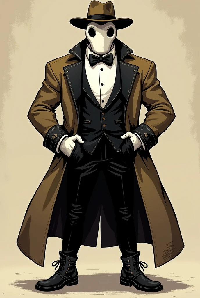 1950s cartoon man in tuxedo, a brown trench coat that reaches to the knees with black details, rustic boots, a cloth fedora hat and a plague doctor mask, the mask is white and looks intimidating, that he&#39;s a little muscular but not overly so From a black and white 1950s cartoon from the game Bendy And The Ink Machine 