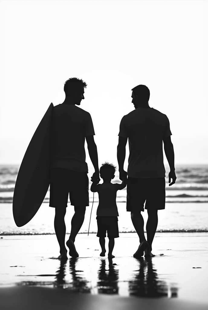 I wanted a silhouette of my  son, my husband and his deceased father walking on the beach, His father is carrying a surfboard in his hand. My husband is not very muscular and his father did not die very old., It would be for a tattoo. there are 2 adult men and 1 child, is it possible to put a smaller child a little? and less muscular men?
there are 3 men and it can be black and white?
There are other options?