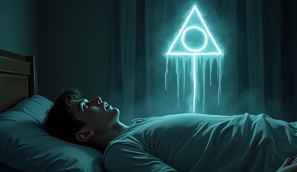 A young man lies rigid on his bed, eyes wide in terror as he experiences sleep paralysis. Above him hovers a ghostly, demon-like figure, inspired by the Deathly Hallows symbol from Harry Potter. The figure, with a triangular shape, a circle in the center, and a vertical line, is semi-transparent, with hollow eyes. The room is dimly lit, shadows creeping in, creating an eerie atmosphere that intensifies the sense of dread and helplessness.