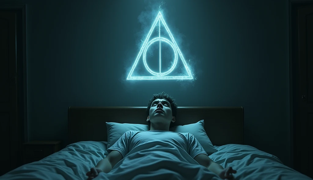 A young man lies rigid on his bed, eyes wide in terror as he experiences sleep paralysis. Above him hovers a ghostly, demon-like figure, inspired by the Deathly Hallows symbol from Harry Potter. The figure, with a triangular shape, a circle in the center, and a vertical line, is semi-transparent, with hollow eyes. The room is dimly lit, shadows creeping in, creating an eerie atmosphere that intensifies the sense of dread and helplessness.